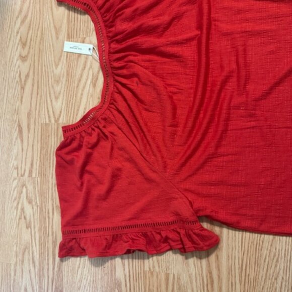 Max Studio Ruffle Sleeve Top Crocheted Neckline in Lava - Picture 6 of 7